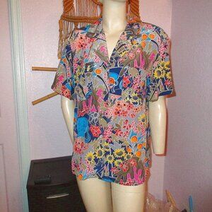 80s Vtg Allison Taylor Silk Top Size M Button Up Sunflowers Short Sleeve Artsy